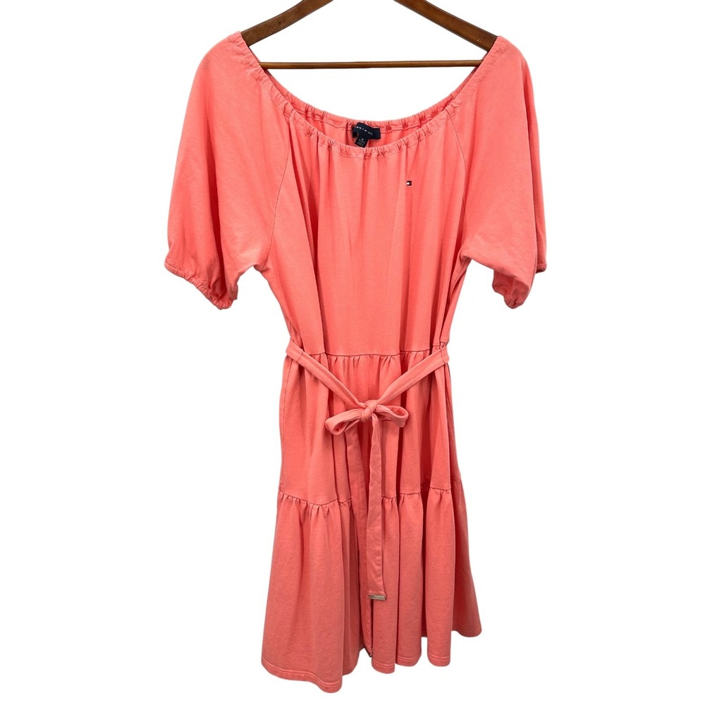 Tommy Hilfiger Belted Dress Coral Tiered Short Sleeve Cotton Stretch Women's XL